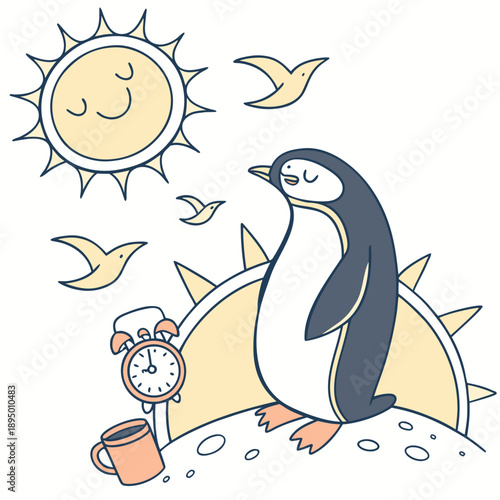 Cute SVG of a Joyful Emperor penguin in Sunny Mornings colors, featuring sitting on a moon in a Morning sunshine setting