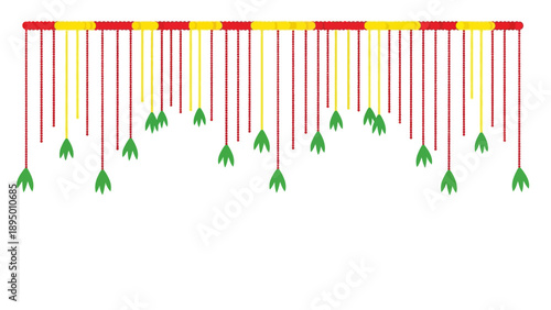 Traditional Indian toran garland with red and yellow marigold beads and green leaves for Maha Shivaratri Hindu festival decoration