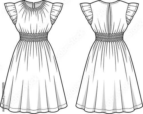 Women's sleeveless summer dress technical fashion sketch showing front and back views with smocked waist, ruffle sleeves, flowing midi silhouette illustration for apparel design use