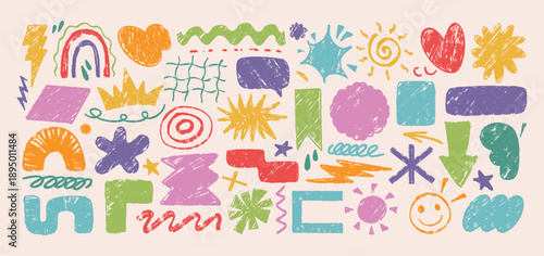 Playful hand drawn abstract shapes, speech bubbles, text boxes, doodles with crayon texture. Cute naive symbols, squiggles, colorful geometric kids element, simple figure art. Children design stickers