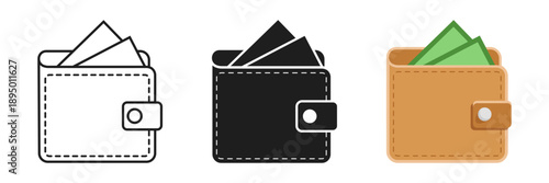 Wallet with paper bills icon set collection in flat style. Money bag vector illustration on isolated background. Financial accessory sign business concept.