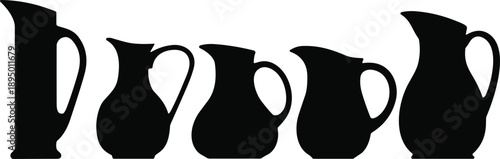 Black silhouette collection of five different ceramic milk jugs and water pitchers isolated on white background for kitchen decor, pottery shop icons, and graphic design.