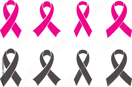 Set of cancer ribbons in pink color on white background. Breast cancer ribbons signs. Vector illustration. Pink ribbons (Breast Cancer Sign). Breast cancer awareness ribbon flat icon