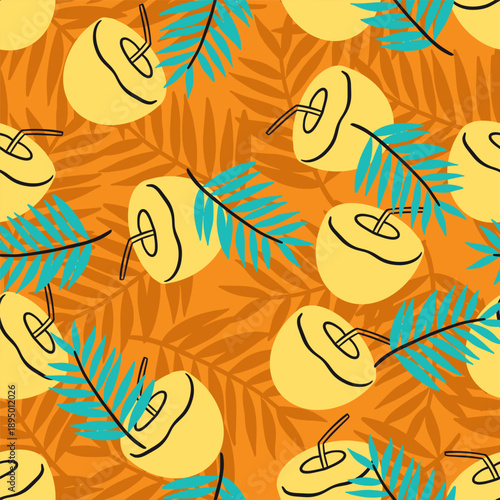 Summer Coconut and Palm Leaves Vector Seamless Pattern