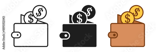 Wallet with paper bills icon set collection in flat style. Money bag vector illustration on isolated background. Financial accessory sign business concept.