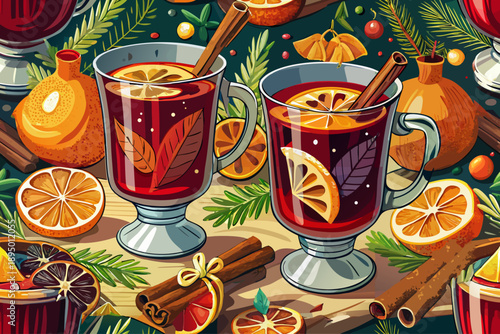 Christmas mulled wine in ceramic glasses with cinnamon stick, anise and orange slices on festive wooden table