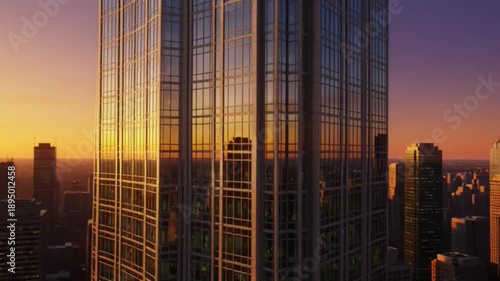 Modern skyscrapers with glass facades reflect the warm glow of a sunset in a bustling metropolis, symbolizing ambition and urban energy.