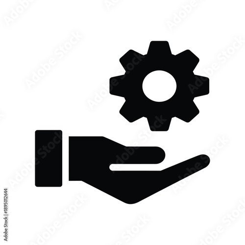 Hand holding gear vector icon, setting and service concept, business solution, technical support, innovation management