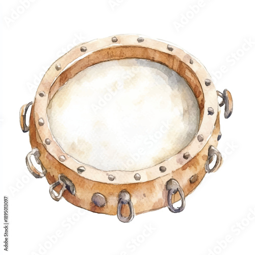 Watercolor painting of a traditional tambourine with jingles.