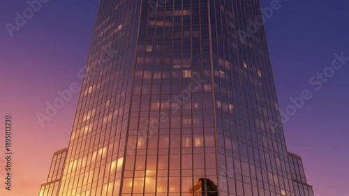 Reflections of city skyscrapers in glass at sunset, creating a mesmerizing visual spectacle of light and architecture.