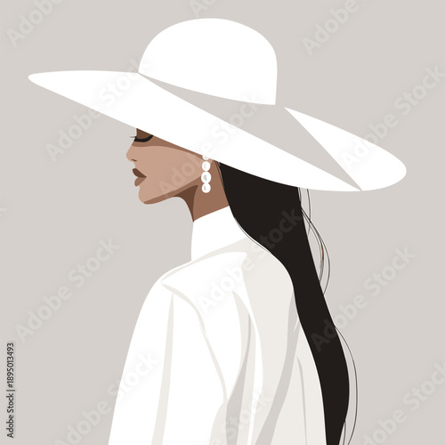 Flat Illustration of Elegant Girl in White Dress, Minimalist white hat lady, beautiful vector artwork