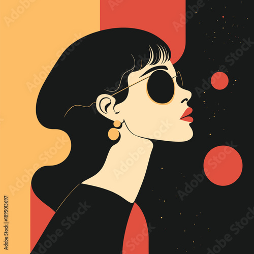 Black Orange Illustration of stylish girl, Modern lady model with glasses