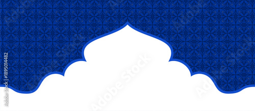 Islamic Blue Background Vector Seamless Geometric Pattern with Mosque Dome Arch Frame Silhouette and Copy Space for Ramadan Kareem Eid Mubarak Greeting Card Banner or Social Media Post Design