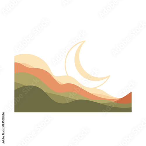 A stylized digital illustration of a crescent moon shining over abstract layered hills in shades of green, orange, and beige. Perfect for presentations, educational materials, and graphic