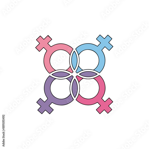 Interconnected colorful gender symbols in a circular pattern on a white background. Perfect for social issues, presentations, educational materials.