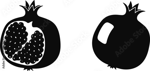 Black Silhouette of Whole and Half Sliced Pomegranate Fruit with Seeds Isolated on White Background for Healthy Food Design Vector Illustration Graphic