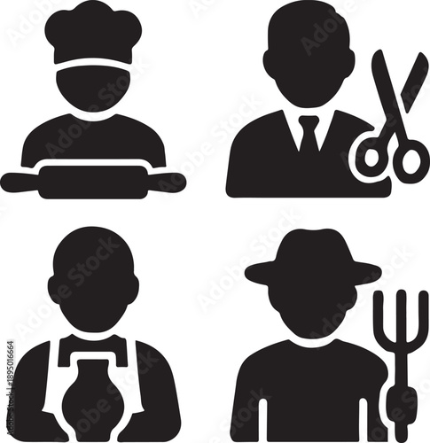 Solid black vector set of four character icons baker tailor potter farmer with clean minimalist design