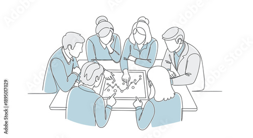 Continuous line drawing of six people in business attire sitting around a table, collaborating on a project or meeting, for presentation or website use, isolated on transparent background, png