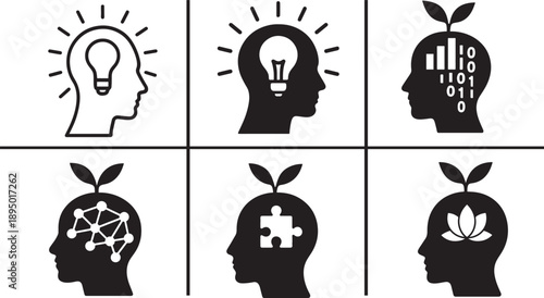 Head with light bulb vector icon set symbolizing ideas, creativity and innovation in flat modern style
