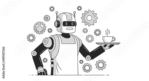 Vector robot serving coffee with gears, for website or app illustration, isolated on transparent background, png
