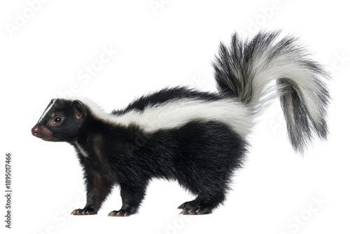 Full body skunk with black fur and bright white stripe, fluffy tail arched upward, small paws and pointed snout, realistic fur strands and soft ground shadow isolated on transparent background.