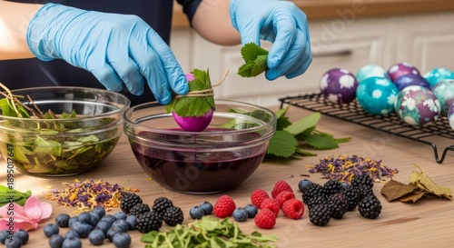Teenager's gloved hands naturally tie-dyeing Easter eggs using fresh berries and herbs. AI generated.
