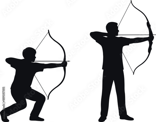 Black Silhouettes of a Man and a Young Boy Practicing Archery Aiming Bows and Arrows Together Representing Sportsmanship Mentorship Training Hobby and Active Lifestyle