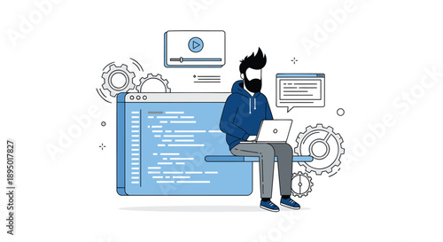 Vector illustration of a man coding on a laptop with programming elements