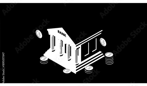 Bank building isometric icon with coins finance vector illustration on blue background