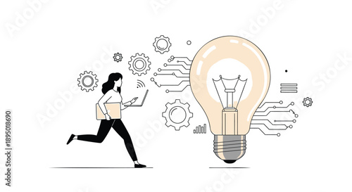 Businesswoman having an idea with a lightbulb and computer
