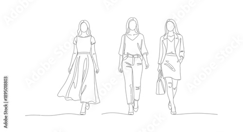 Fashionable women in stylish outfits drawn with continuous line art.
