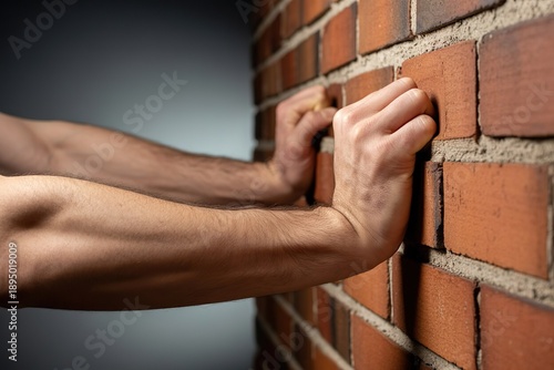 Hands pushing against brick wall. Physical resistance
