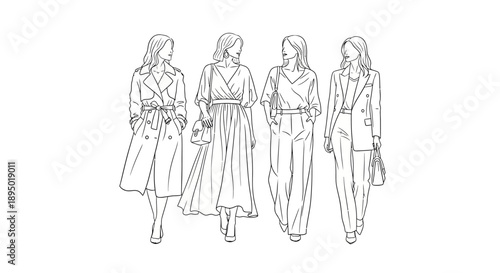 Fashion illustration of four women walking in stylish outfits.