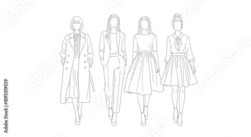 Fashion illustration of four women wearing stylish outfits.