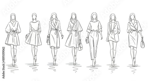 Fashion illustration of six women in stylish outfits.