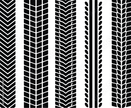 Collection of five distinct tire tread patterns displayed vertically Vector