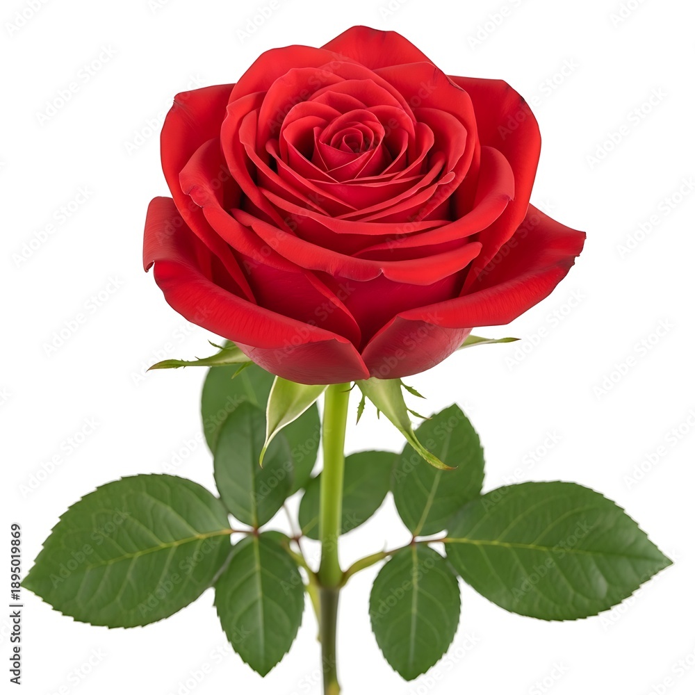 Fototapeta premium Single vibrant red rose with green leaves isolated on white background