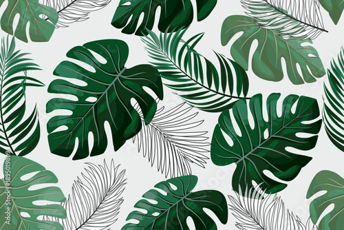 Tropical Seamless Pattern with Monstera and Palm Leaves in Hand Drawn Graphic Style. Hand-drawn vector illustration