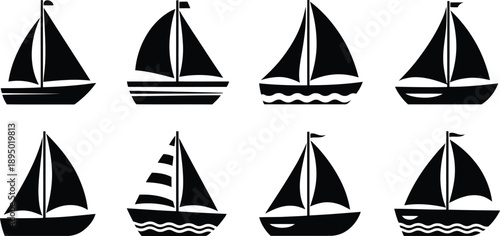 Collection of eight black sailboat icons with varying sail and hull designs Vector