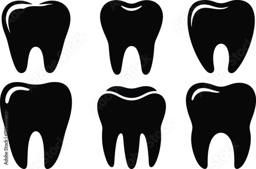 Six black silhouette icons of teeth on a white background Vector