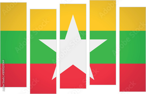 Flag of Myanmar. Flag with a design featuring vertical panels in a modular perspective