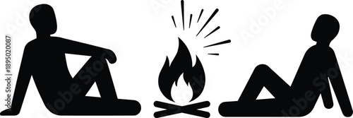 Black Silhouettes of Two People Relaxing by a Burning Bonfire Outdoors Representing Camping Adventure Friendship Togetherness Warmth Nature Evening Socializing and Calm Peaceful Night Life