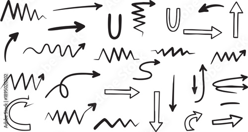 A collection of various hand-drawn black arrow doodles and squiggly lines on a white background, illustrating different directions and styles.