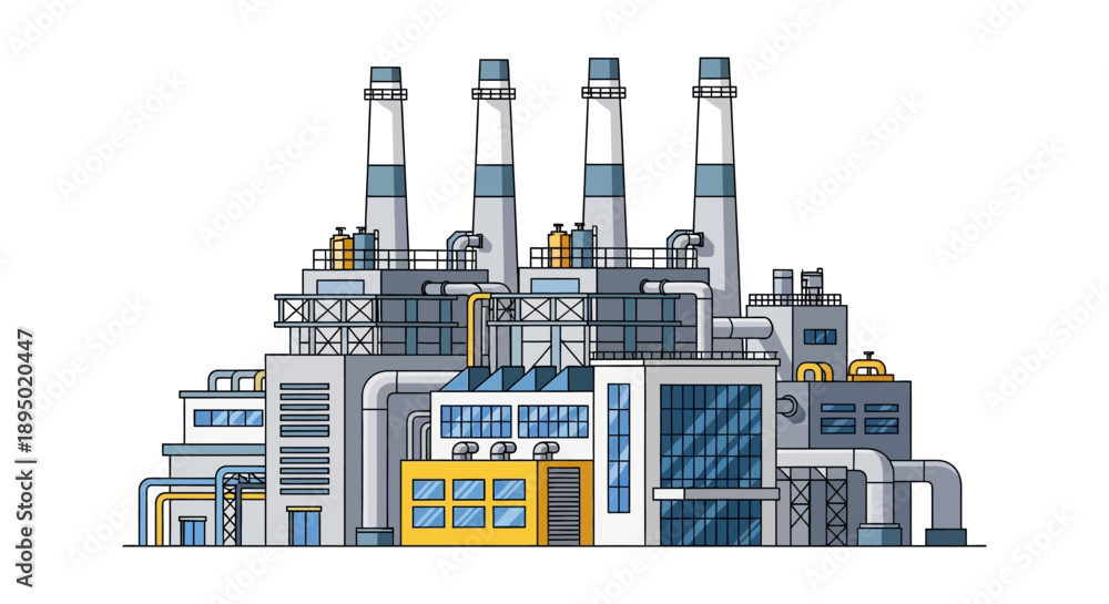 Obraz premium Industrial facility with multiple chimneys and complex infrastructure viewed from the front