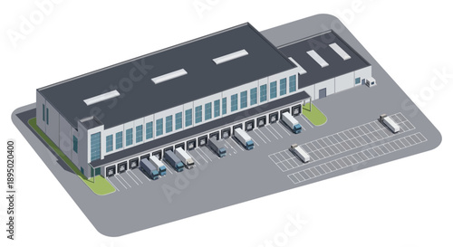 Isometric illustration of an industrial building with loading docks and trucks from an aerial viewpoint