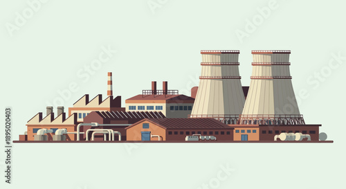 Industrial complex with power plant and factory buildings viewed from the side in a graphic illustration