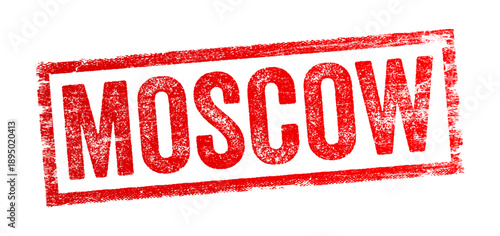Moscow travel stamp featuring a bold red distressed texture within a rectangular frame. This graphic element represents tourism, travel documentation, and the iconic Russian capital for global visitor