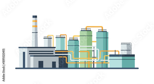 Industrial facility illustration showcasing machinery and pipes from a front viewpoint