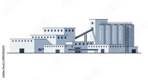 Industrial facility with silos and conveyor belt in a factory setting viewed from the side