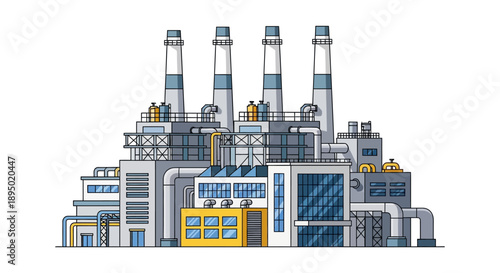 Industrial facility with multiple chimneys and complex infrastructure viewed from the front